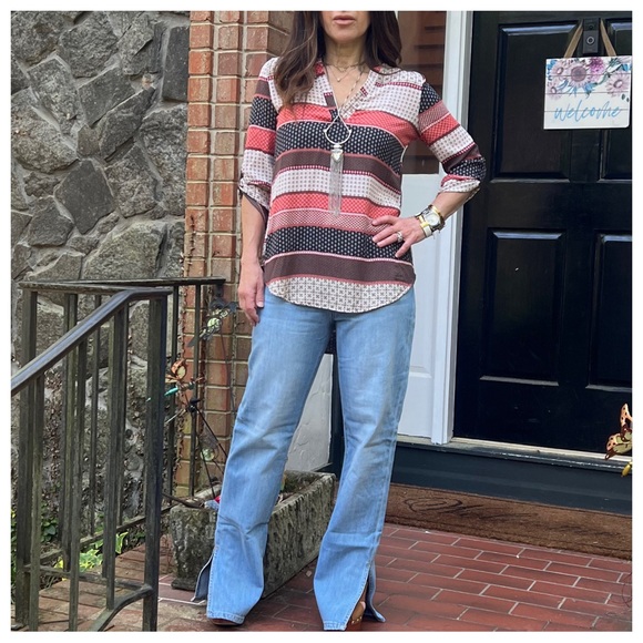 10 Boho Chic Pattern Print Split Neck Tunic Top - Picture 3 of 4